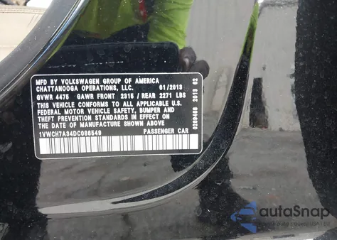 2013 Volkswagen Passat 2.5L Sel z USA, uszkodzony, nr VIN 1VWCH7A34DC086549